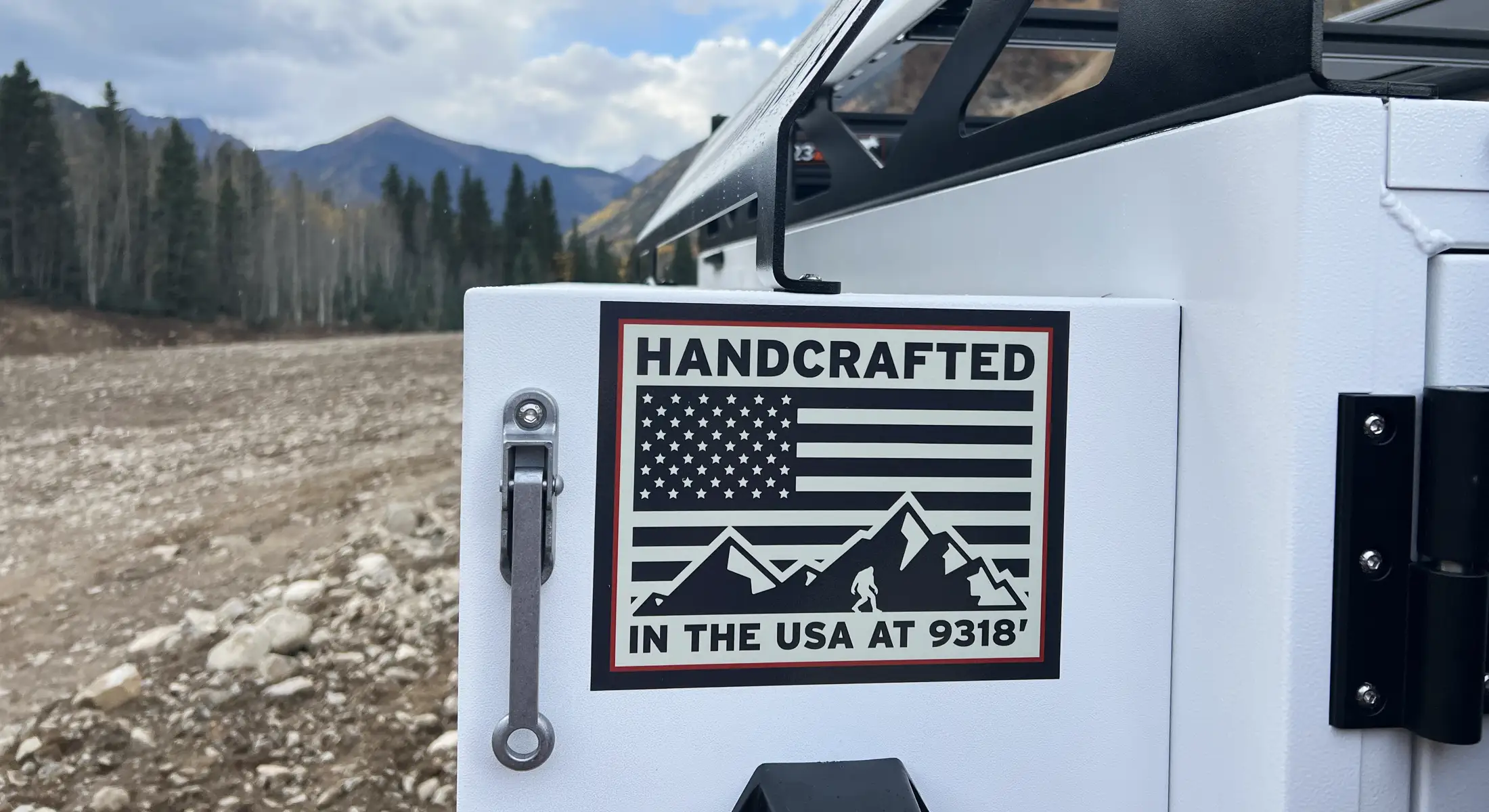 Made In The USA sticker on one of our overland trailers in the highcountry above Silverton, CO
